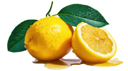 Zesty Citrus Still Life: A vibrant composition of ripe, juicy lemons, complete with droplets and vivid green leaves, offers a refreshing glimpse of nature's bounty and appetizing freshness.