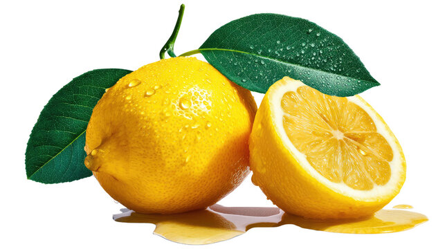 Zesty Citrus Still Life: A vibrant composition of ripe, juicy lemons, complete with droplets and vivid green leaves, offers a refreshing glimpse of nature's bounty and appetizing freshness.