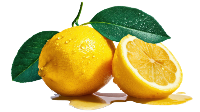 Zesty Citrus Still Life: A vibrant composition of ripe, juicy lemons, complete with droplets and vivid green leaves, offers a refreshing glimpse of nature's bounty and appetizing freshness.