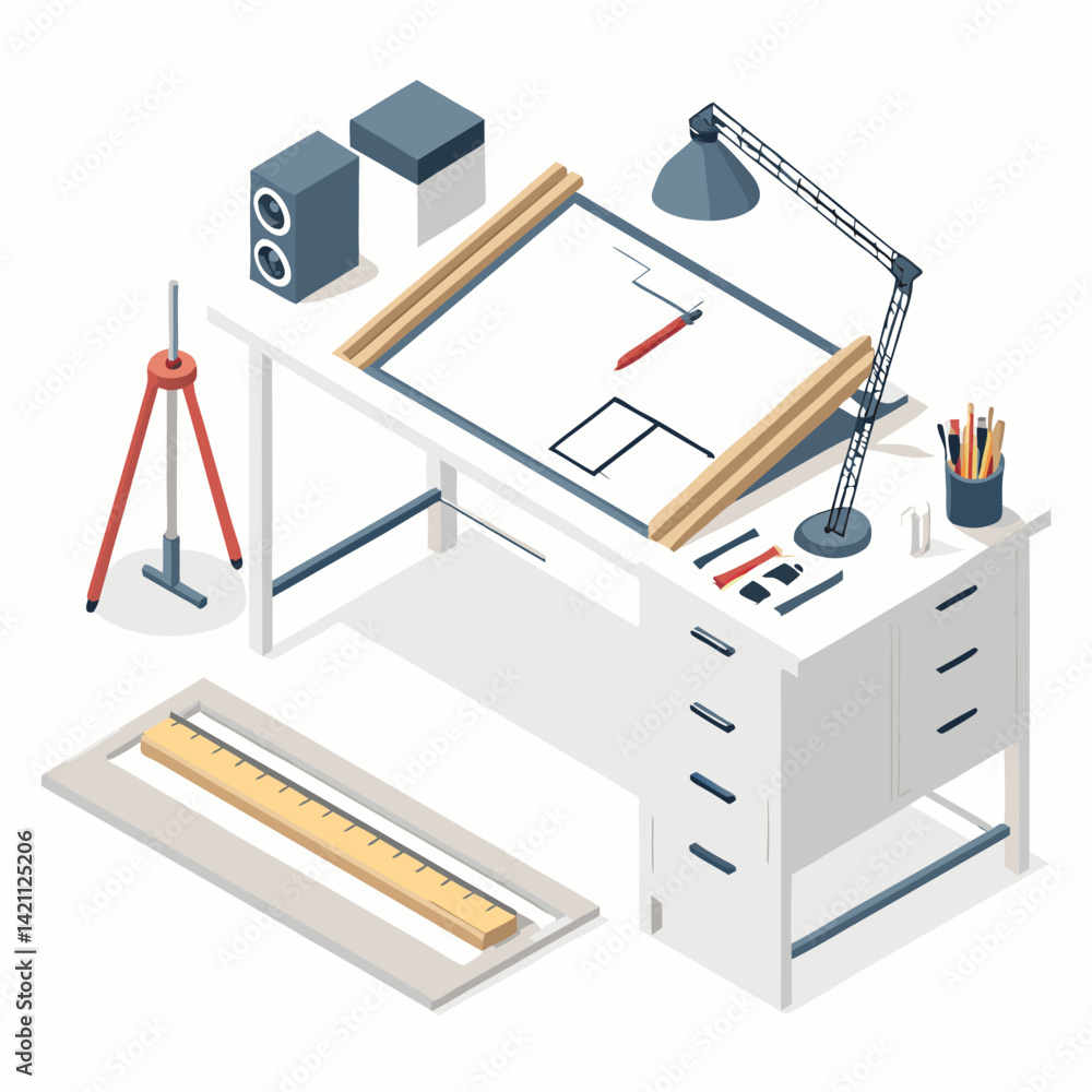 Poster create a bold, isometric vector illustration of an architect, emphasizing strong outlines and a vibr