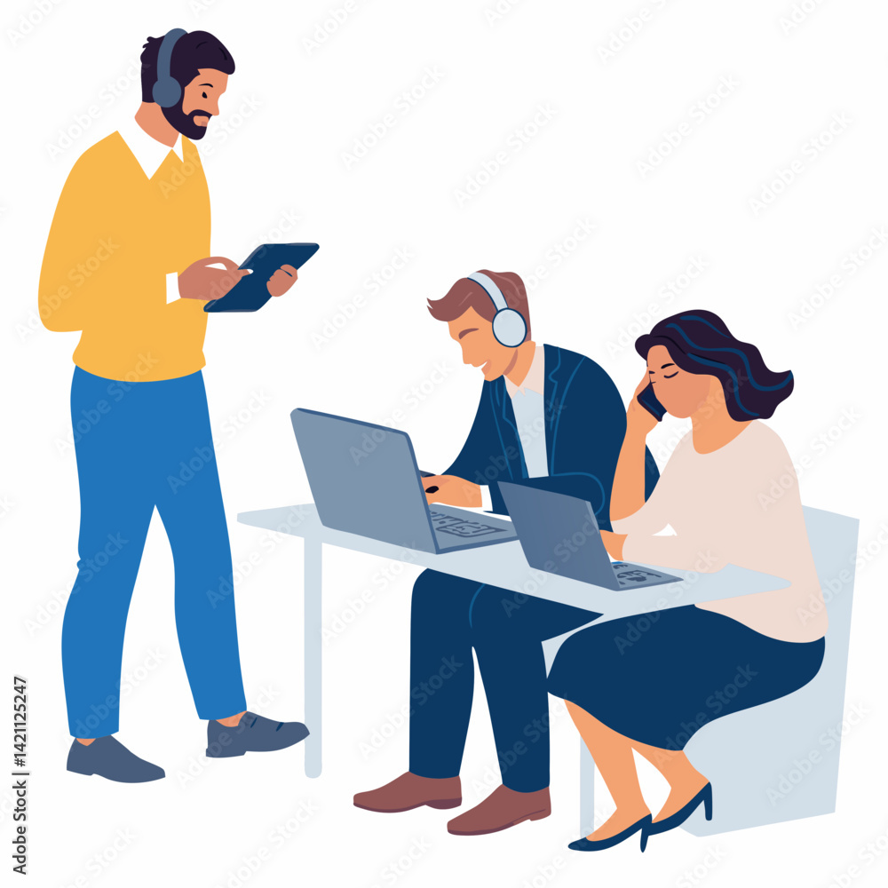 Poster create a bold vector illustration of an it support technician helping a user, emphasizing strong lin