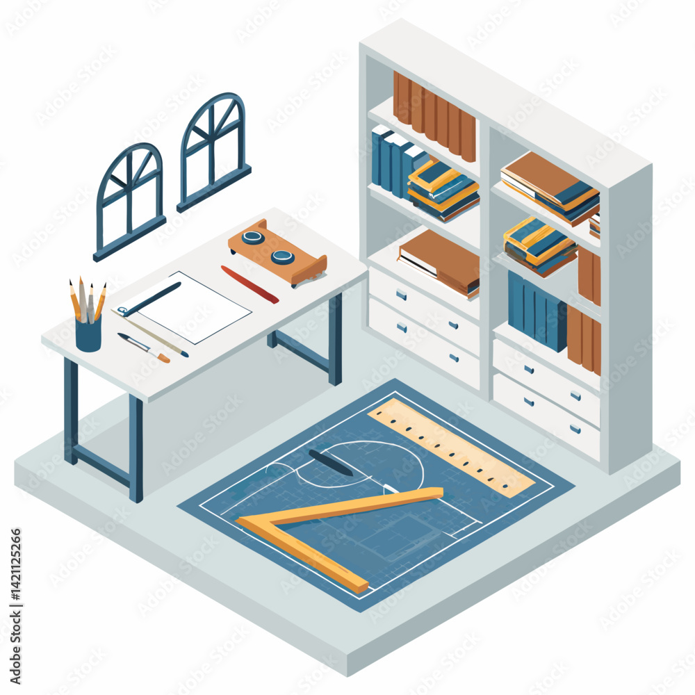 Poster create a bold, isometric vector illustration of an architect, emphasizing strong lines and a vibrant