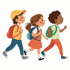 Create a bold vector illustration of children walking to school, backpacks on, happy expressions.  Focus on thick, impactful outlines.