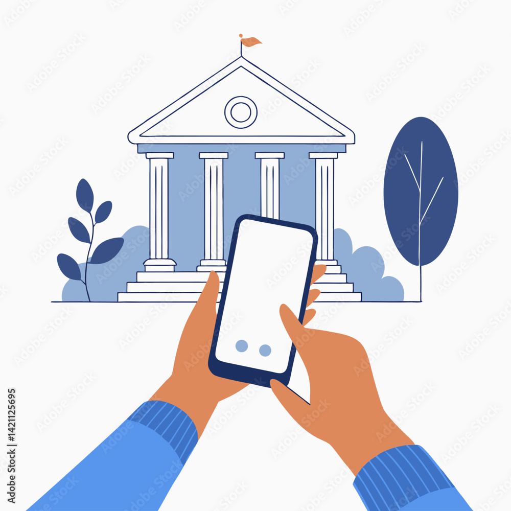 Poster create a bold, vector illustration of a modern mobile banking interface, showcasing key features lik