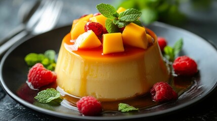Delicious dessert with mango glaze, fresh fruit topping, and a mint sprig, ready to be enjoyed