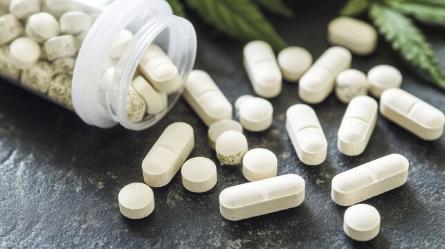 Assorted pills and capsules scattered on a dark surface, with cannabis leaves