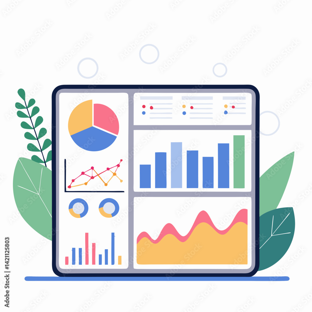 Poster create a bold, vector illustration of a mobile phone with business analytics graphs and charts displ