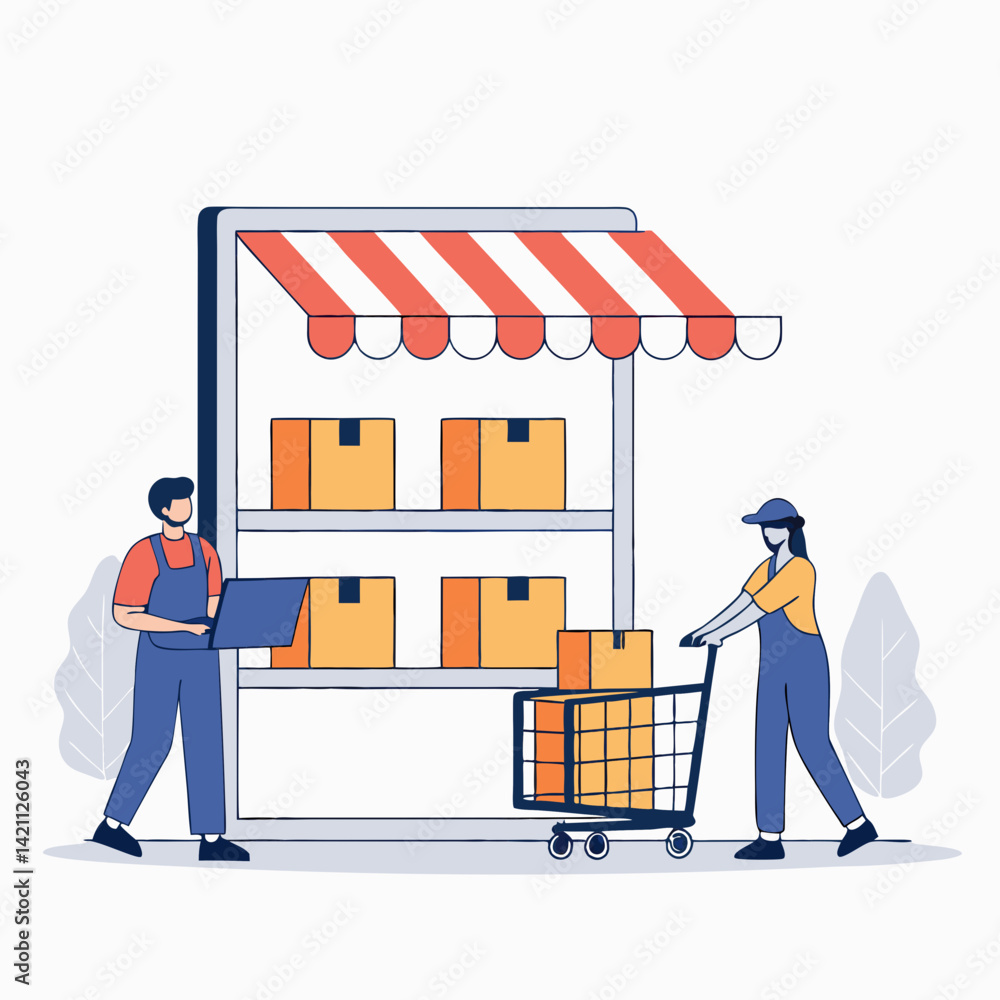 Poster design a bold vector illustration depicting the backend interface of an online store. emphasize key 
