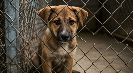 Puppy Looking Through Wire Fence Small Dog in Enclosure