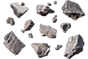 Floating rocks and debris shown in dynamic motion against a crisp white isolated background
