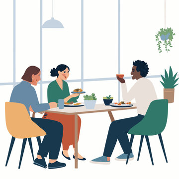 Create a bold vector illustration of diverse people enjoying a lunch break, emphasizing strong outlines and vibrant colors.