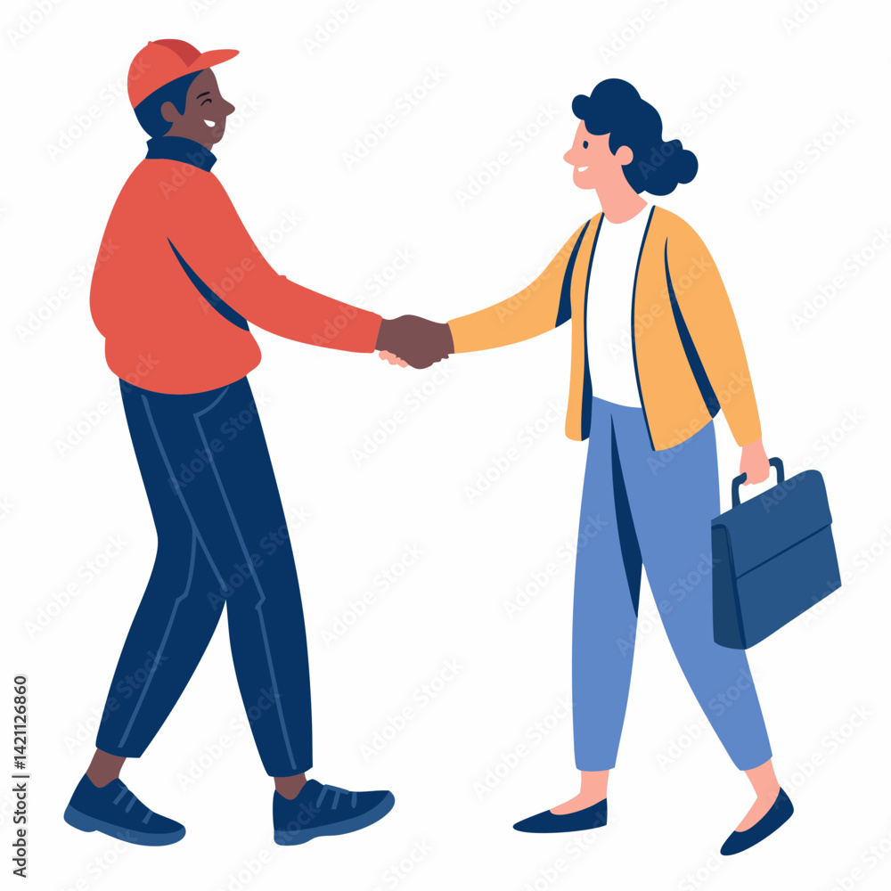 Poster create a bold, vector illustration of two people shaking hands, emphasizing strong lines and a minim