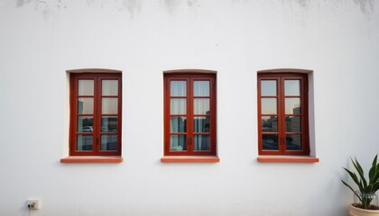 Three brown wooden windows on a white wall