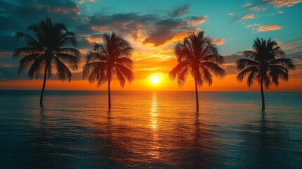 Golden Hour Serenity: Silhouetted Palms Embrace the Ocean's Radiant Glow at Sunset, Promising Escape and Tranquility