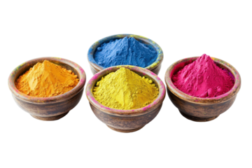 Stunning display of four Holi powder bowls showing rich colors on a pure white background