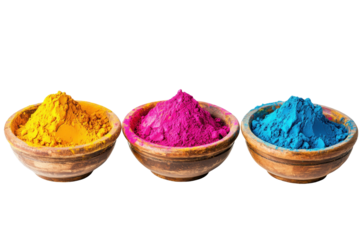 Flat lay of Holi powder in four bowls isolated perfectly on a bright white background