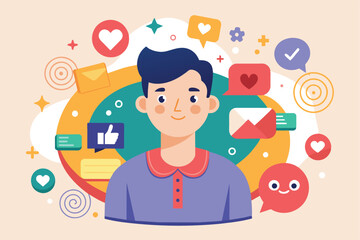 Illustration of a person surrounded by social media icons, representing engagement, communication, and digital interactions in a connected world.