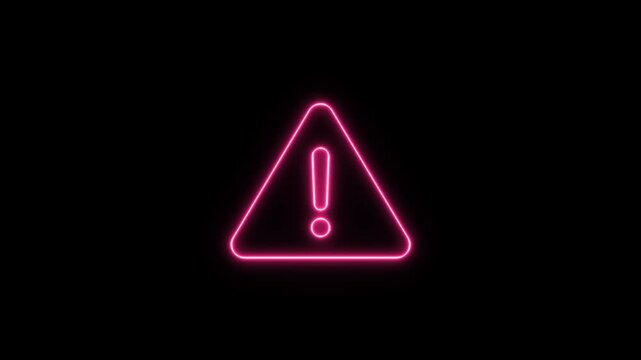 Neon glowing danger symbol animation on alpha channel, danger road warning signs, exclamation mark, isolated, 4k