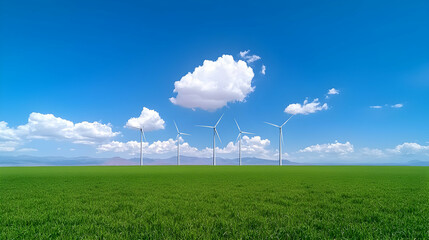 Wind Turbines in a Green Field under a Blue Sky