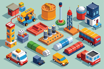 Colorful isometric illustrations featuring various industrial elements and transportation vehicles. Perfect for use in logistics, engineering, or urban planning designs.
