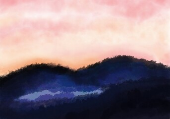 Watercolor landscape. Sunrise over the mountains. Vector illustration for your design