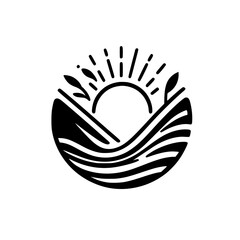 Minimalist Sunrise Landscape Logo - Black and White Vector