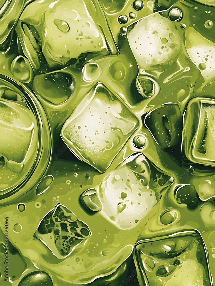 Poster abstract green liquid refreshment with ice cubes close up top view
