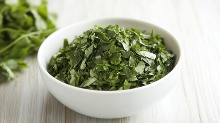 Chopped fresh herbs in a white bowl