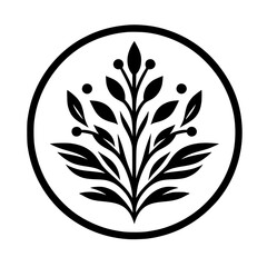 Elegant Black & White Floral Emblem in Circle, Vector Illustration