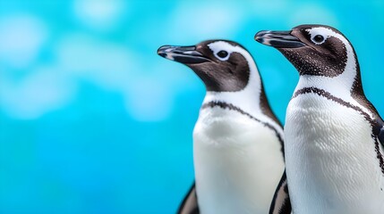 Fototapeta premium Close-up of two penguins against a vibrant blue background