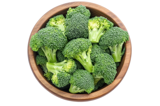 Top view of broccoli in wooden bowl emphasizes healthy eating in a simple elegant layout