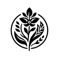 Black and White Floral Emblem, Minimalist Botanical Design