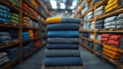 A neatly stacked arrangement of colorful folded sweaters in a cozy retail store aisle