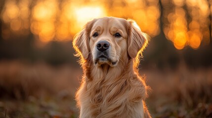 Obraz premium A golden retriever dog sitting in a field at sunset
