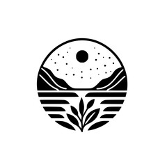 Minimalist Nature Emblem: Mountain, Lake & Foliage Illustration in Circle