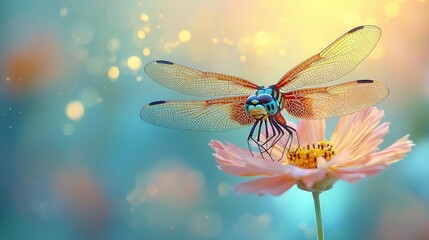 A dragonfly sitting on top of a pink flower