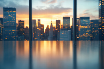 Fototapeta premium A city skyline is visible through a window