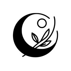 Celestial Botanical Emblem: Moon, Sun, and Leaves, Minimalist Logo