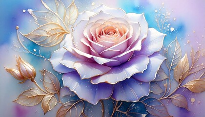 幻想的なバラのアート、パステルカラーの背景、ゴールドの葉と花、繊細な花のデザイン、優美なローズイラスト、水滴のついた花びら、夢のようなバラ、ブルーとピンクのグラデーション、装飾的なフラワーアート、高級感のある花の絵
