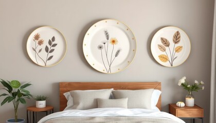 Three decorative plates, featuring autumnal designs, displayed on a wall above a bed