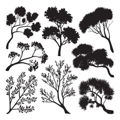 Collection of isolated black tree branch silhouettes with delicate leaves 