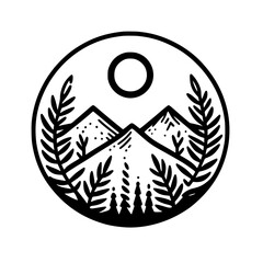 Black & White Nature Icon: Mountain, Sun, & Foliage Emblem