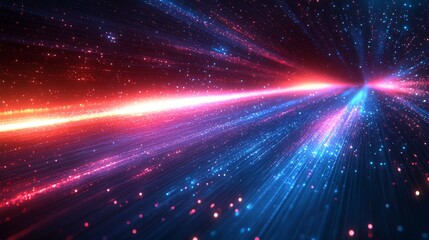 Naklejka premium Nebula Stream: A Mesmerizing Journey Through Interstellar Fiber Optics, With a Captivating Blend of Red and Blue Light Cascading Through an Infinitesimal Point