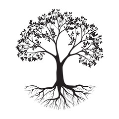 A minimalist yet detailed silhouette of a tree with visible roots 