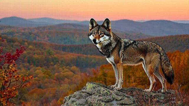 Red Wolf on Autumn Mountaintop