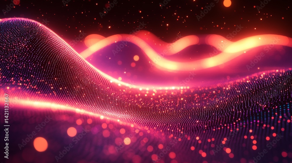 Poster glowing particle field with undulating surfaces and luminous waves of energy that creates a sense of