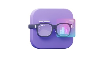 Glasses with data reflected on lenses against a purple background in a stylized rendering on transparent background