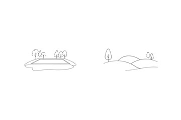 Minimalist Landscape Outline With Pond And Hills Vector Illustration Design