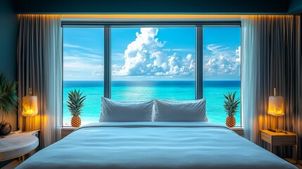 Fototapeta premium A bedroom with a view of the ocean and pineapples