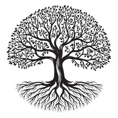 A black and white vector illustration of a tree with intricate branches and roots 